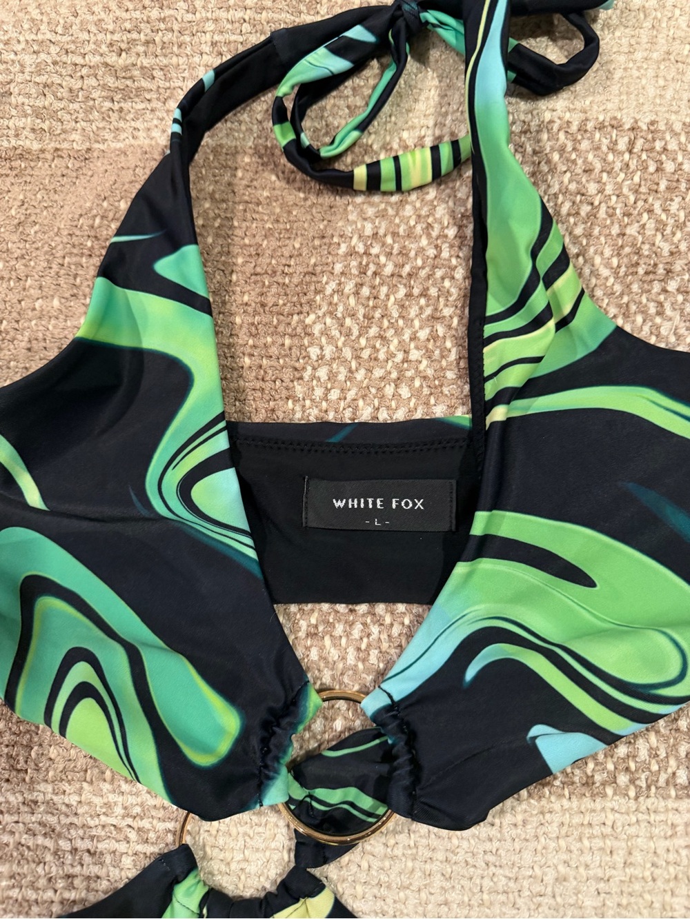 White Fox Boutique Black Green Swirl Cutout Mini Dress - Picture 3 of 3